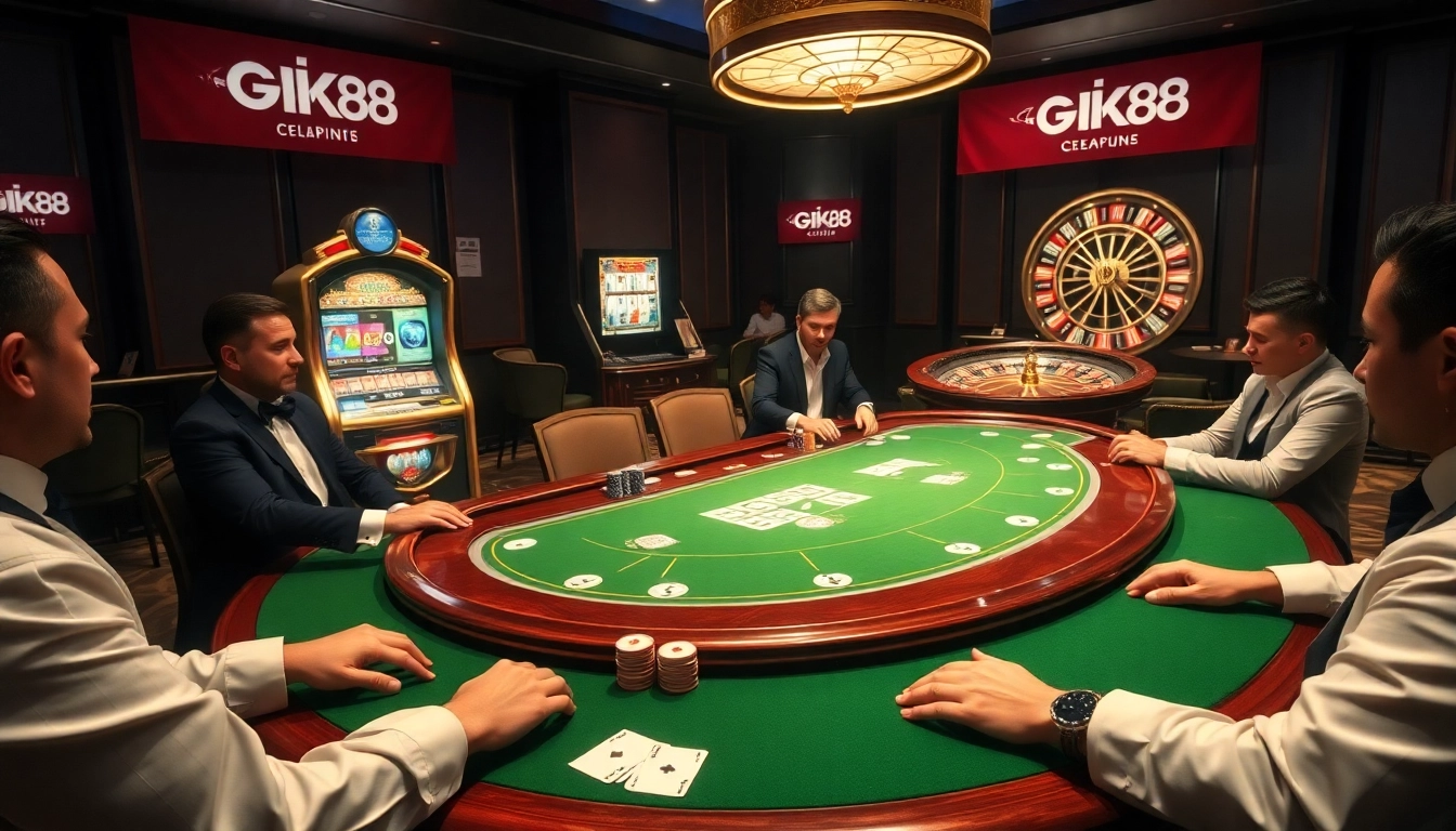 Experience the excitement of GK88 in this luxurious casino poker scene featuring vibrant cards and chips.