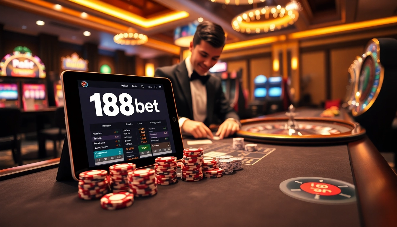 Experience the thrill of 188bet as players engage at a luxurious casino table with vibrant poker chips and cards.