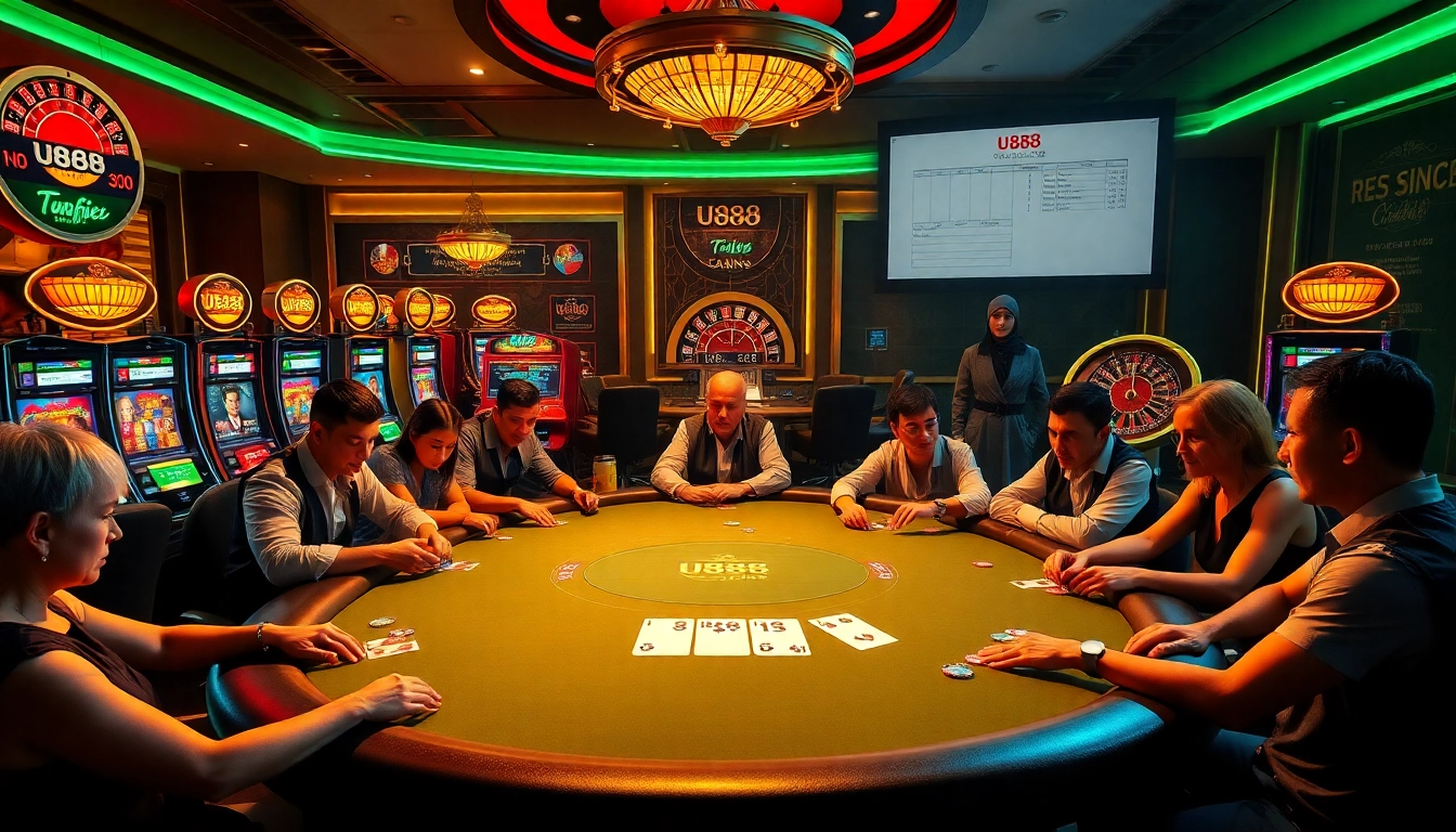 U888 showcased in a thrilling poker game environment highlighting active players and casino excitement.