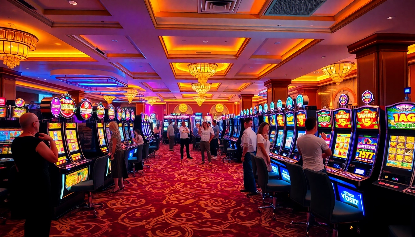 Rasakan permainan slot yang mendebarkan di kasino yang hidup dengan berbagai mesin slot dan pemain yang antusias.