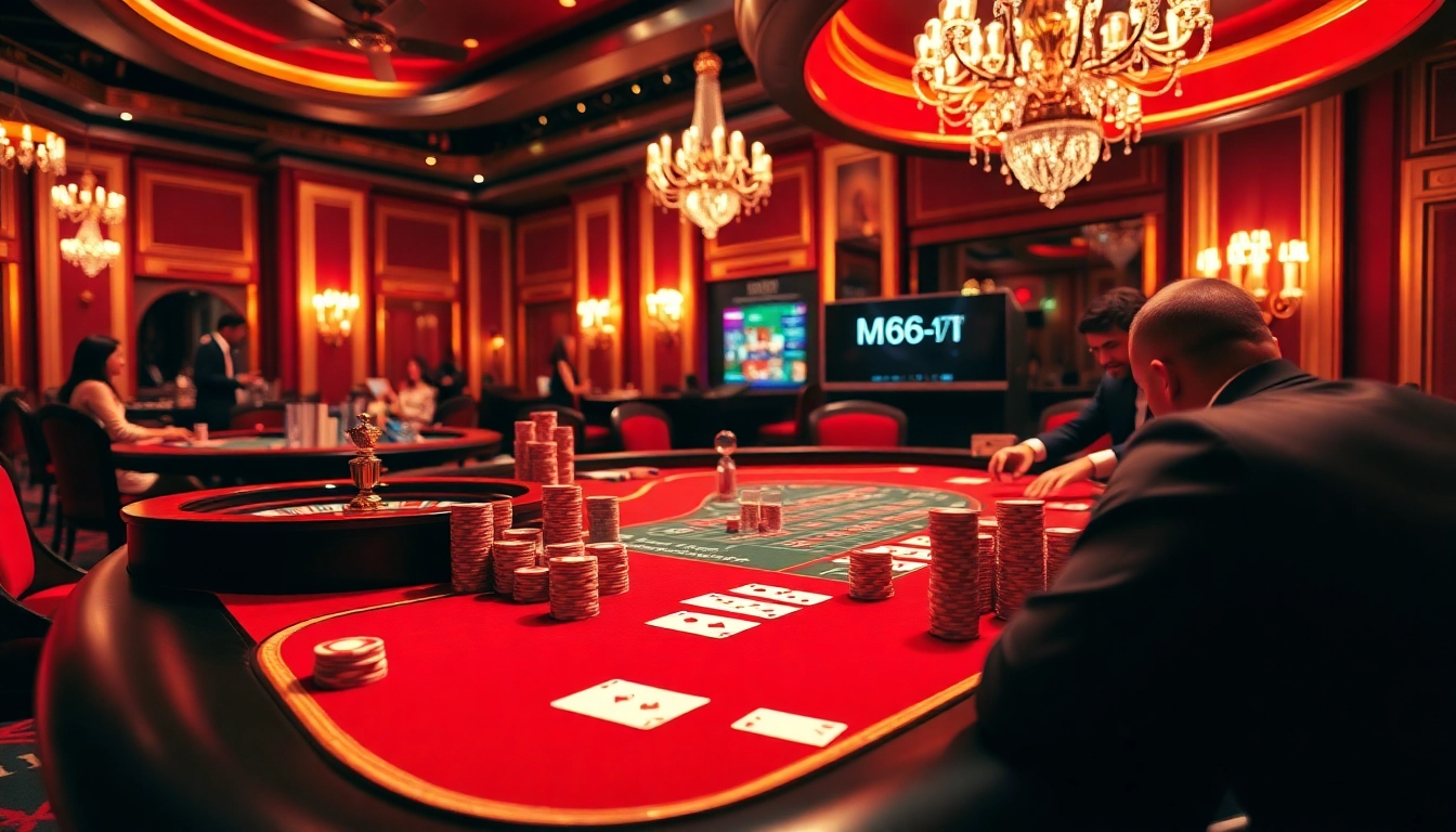 Experience thrilling gameplay at https://mb66-t.com/ with a vibrant casino scene featuring poker chips and roulette.