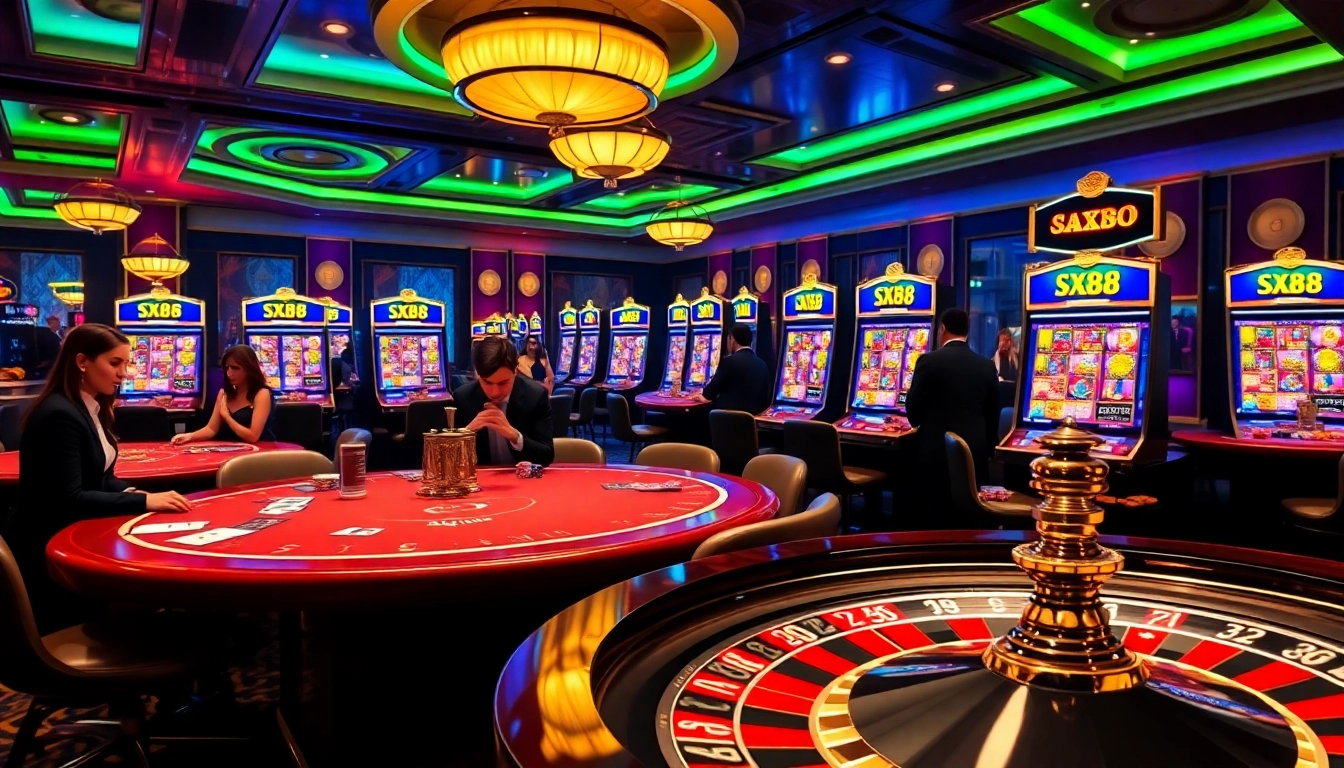 Players enjoy a thrilling SX88 slot machine experience, showcasing luxury and excitement in a lively casino room.