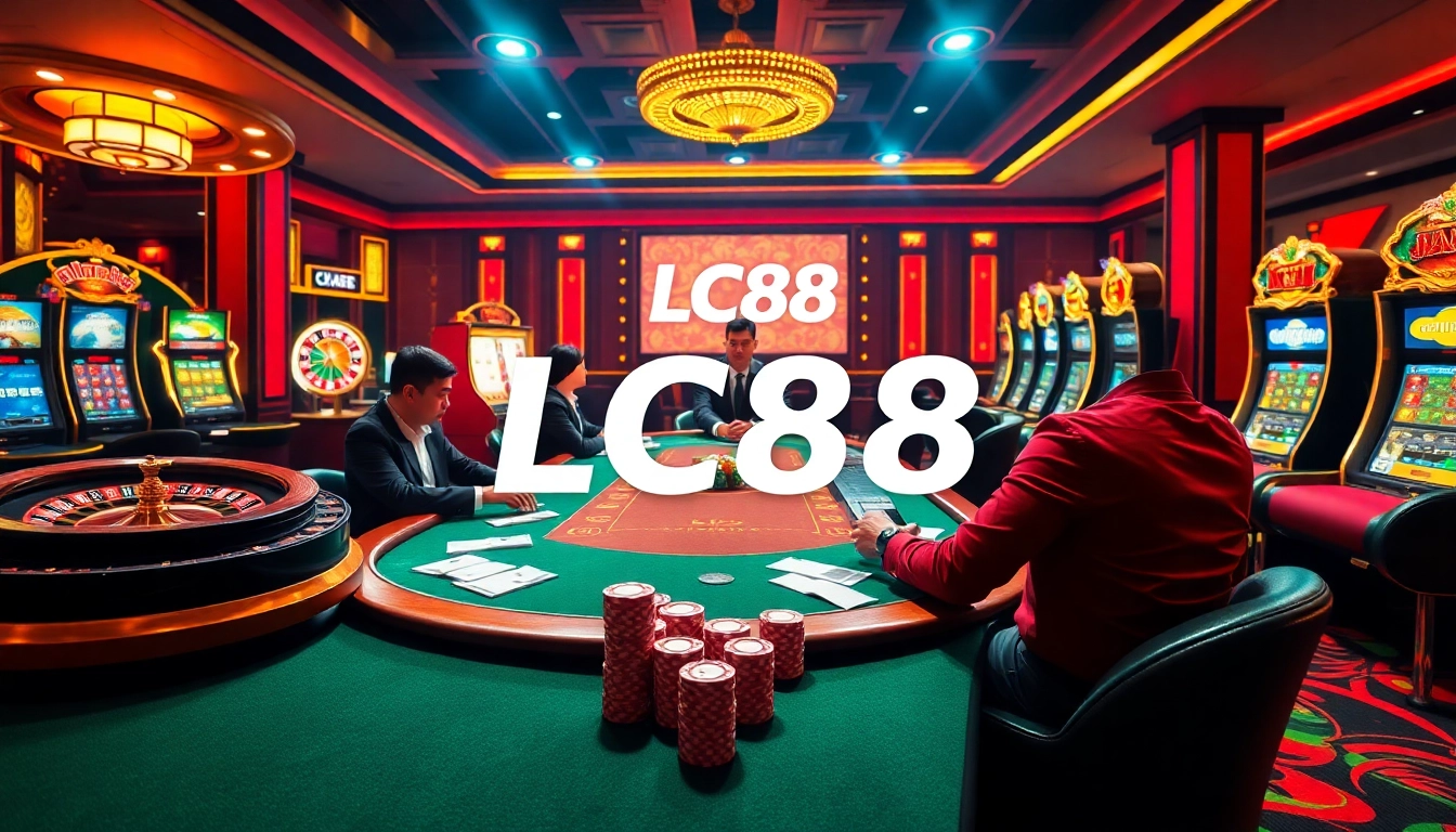 Players strategizing at an LC88 poker table filled with chips and excitement.