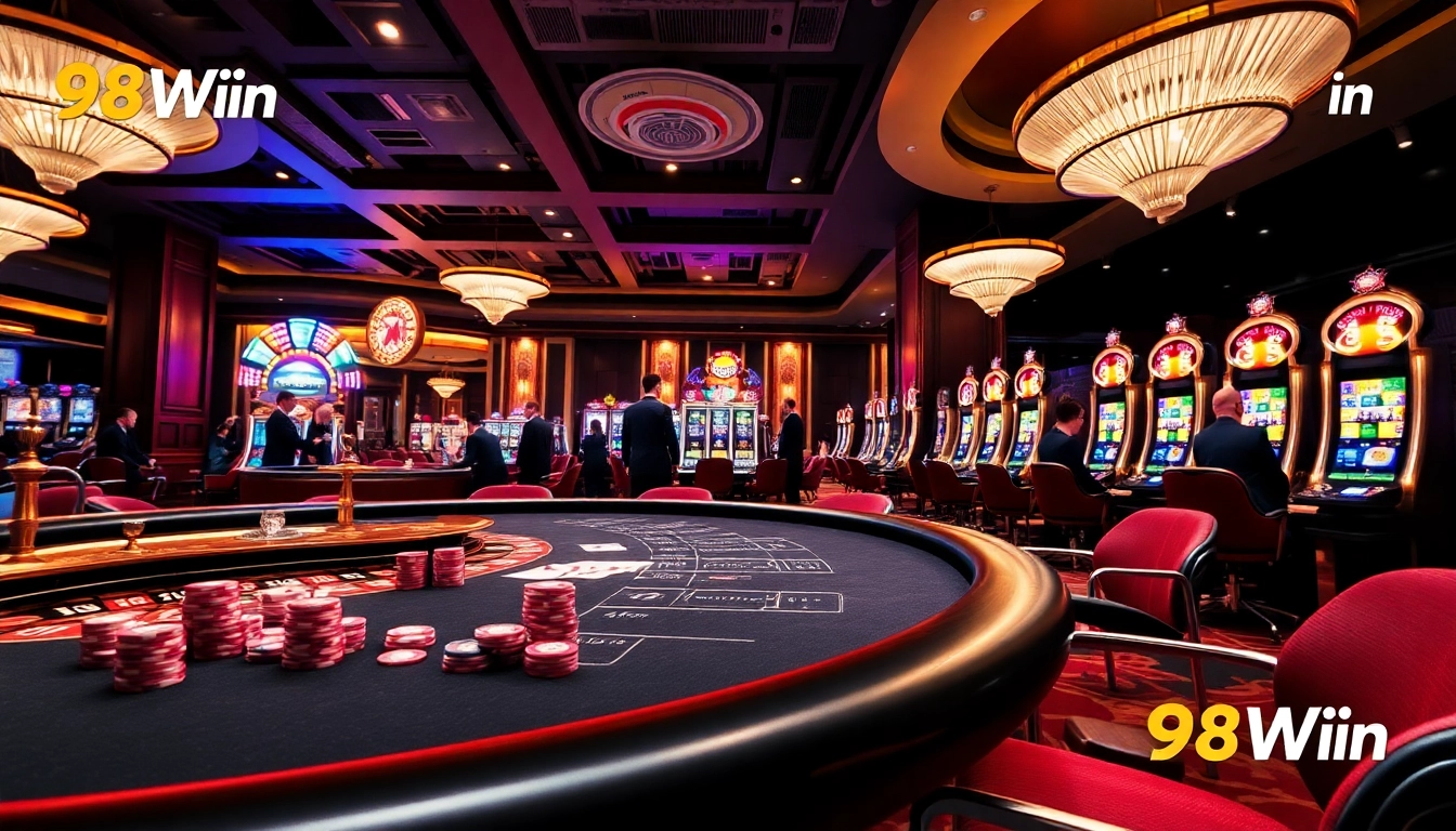 Experience the excitement of 98Win with a luxurious casino setting featuring poker, roulette, and vibrant slot machines.