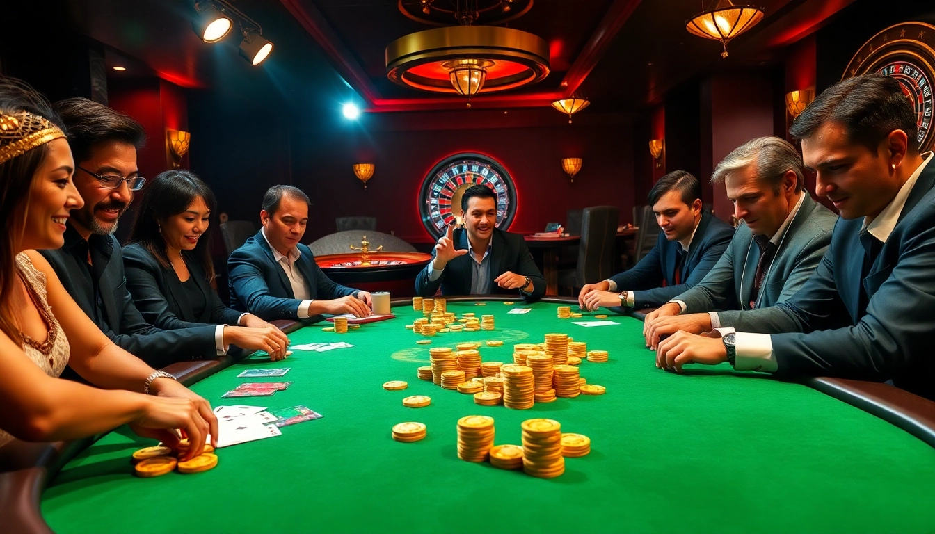 Players gamble at the luxurious LUCK8 Casino, showcasing an exciting poker game with vibrant colors and thrilling atmosphere.
