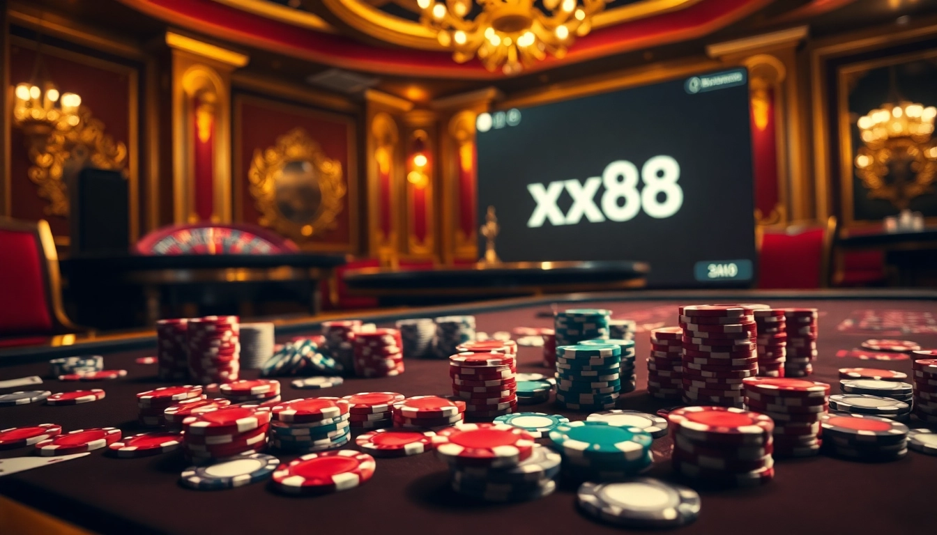 Experience the thrill of xx88 with dynamic casino tables and poker chips in action.