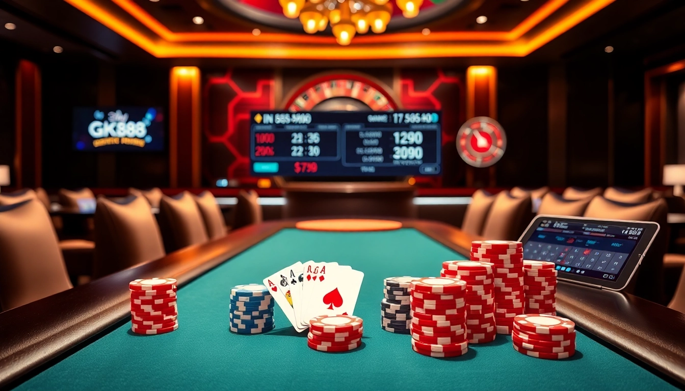 Experience the excitement of GK88 with vibrant poker chips and a spinning roulette wheel in a luxurious casino.