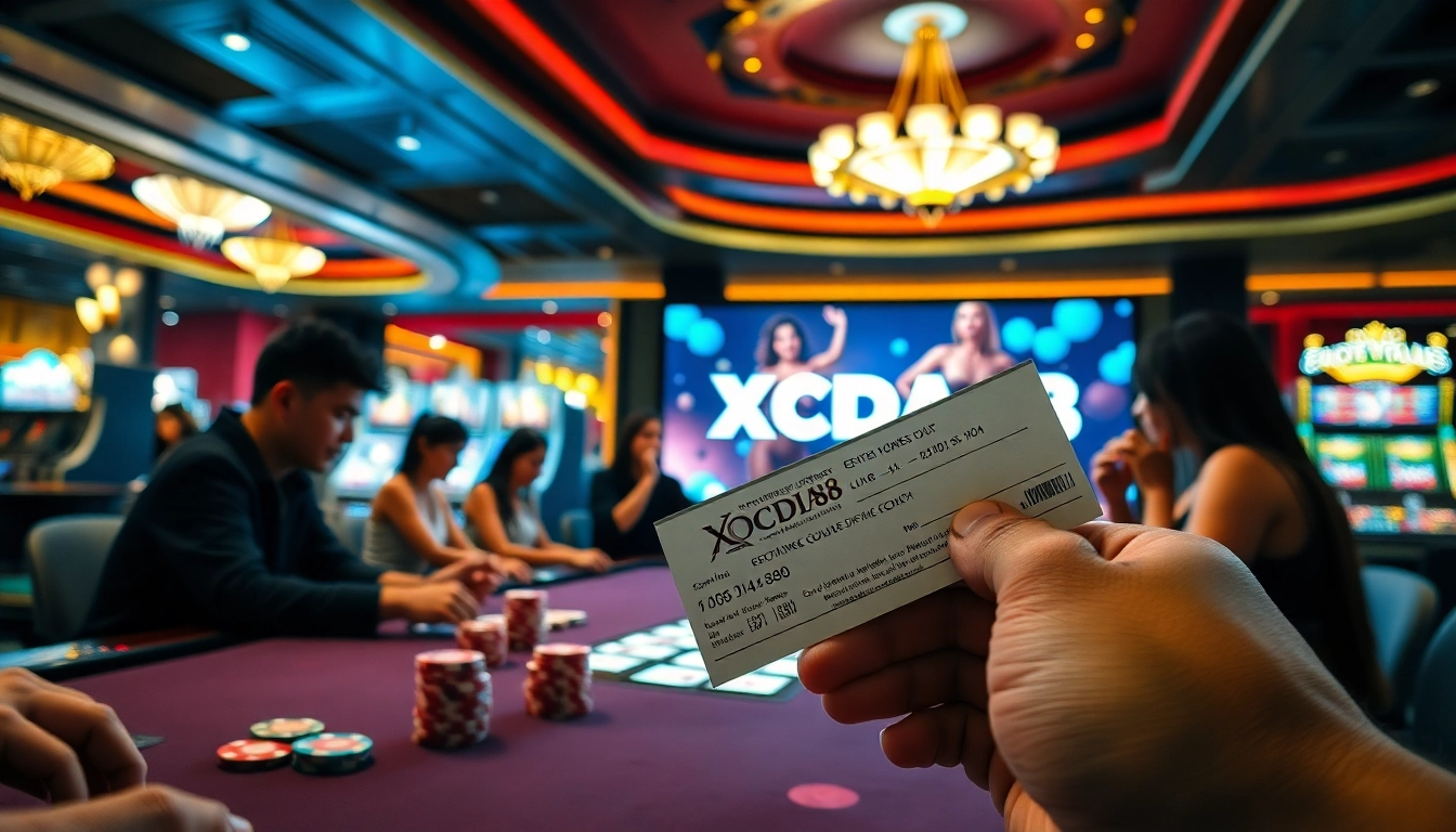 Xocdia88 players celebrating wins at a vibrant casino table with poker chips and cards.