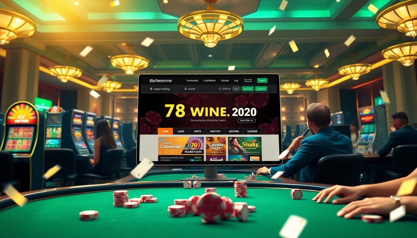 Players engaging in thrilling games at the luxurious online casino platform https://78winel.com/, highlighting excitement with poker chips and vibrant slot machines.