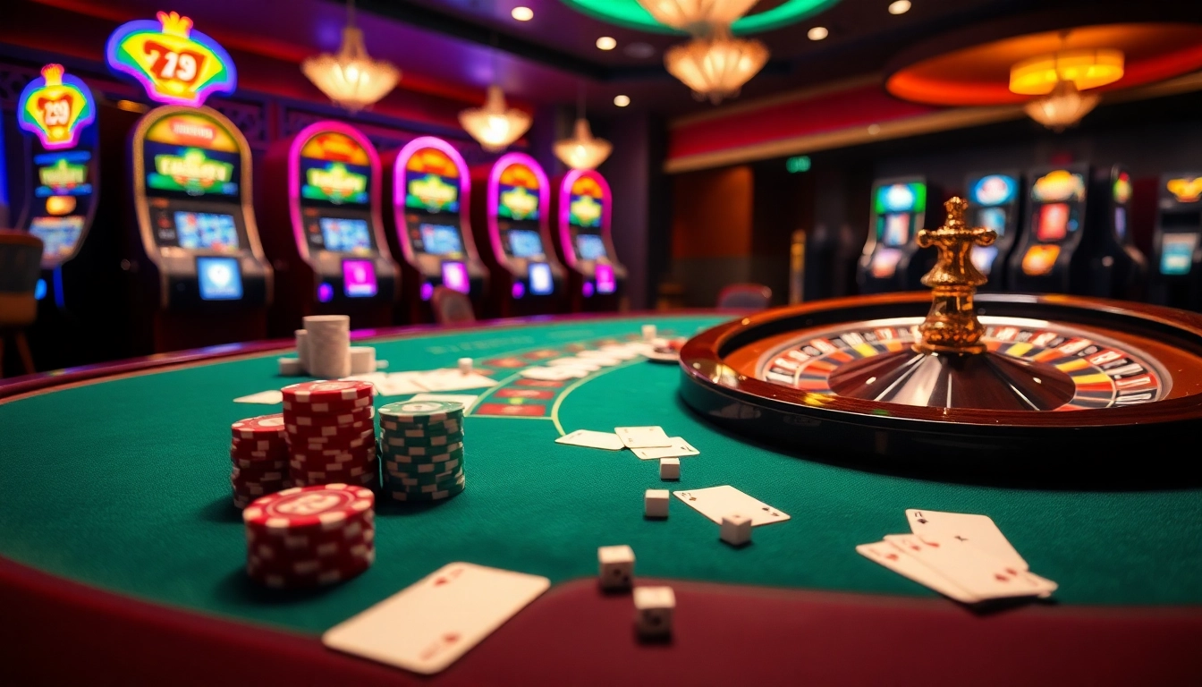 Engage with the dynamic atmosphere of gaming at ok8386, featuring luxury casino elements like poker chips and roulette wheels.