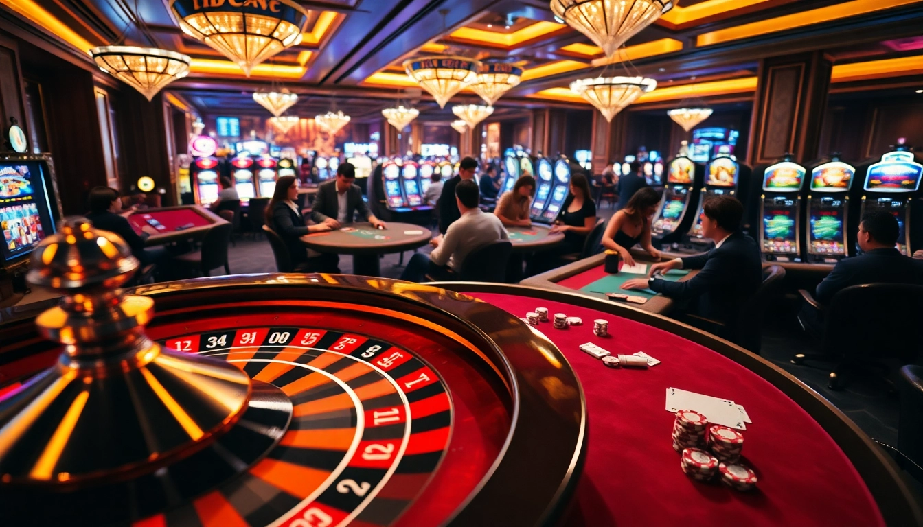 Players enjoying thrilling games at dn88's luxurious online casino scene, vibrant roulette and poker action.