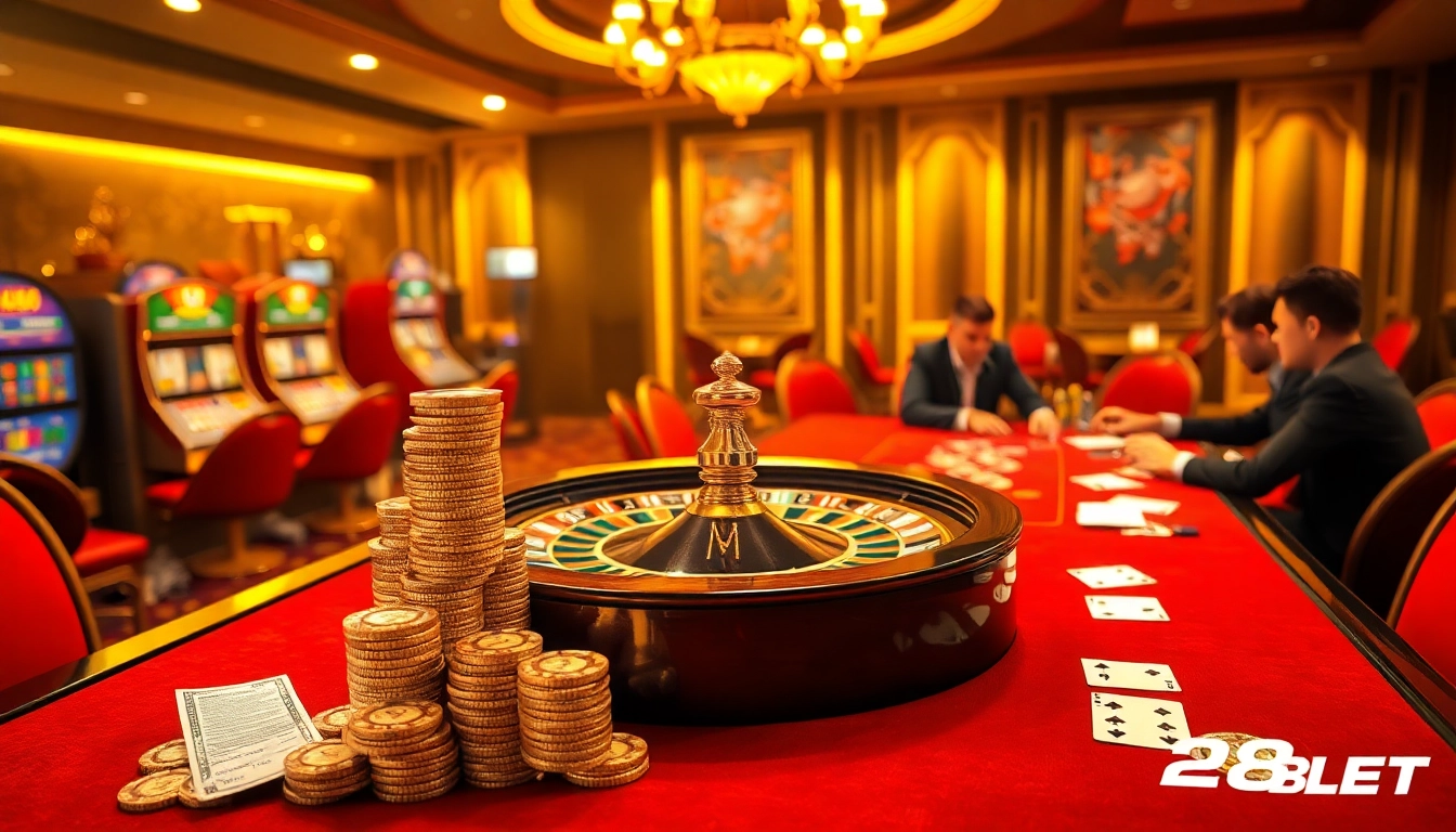 Exciting casino scene featuring 28BET with a roulette wheel and poker table.