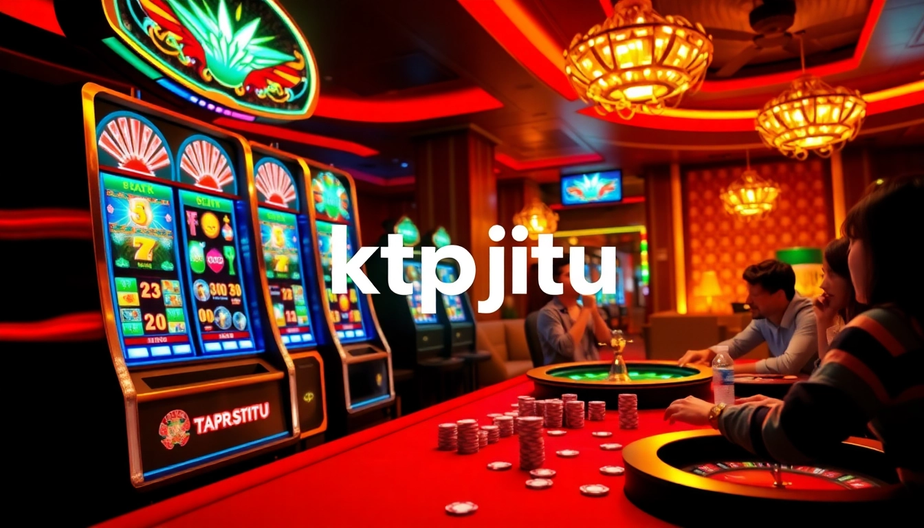 KTPJITU slot machine display featuring vibrant colors, warm lighting, and excited players engaging in gameplay.