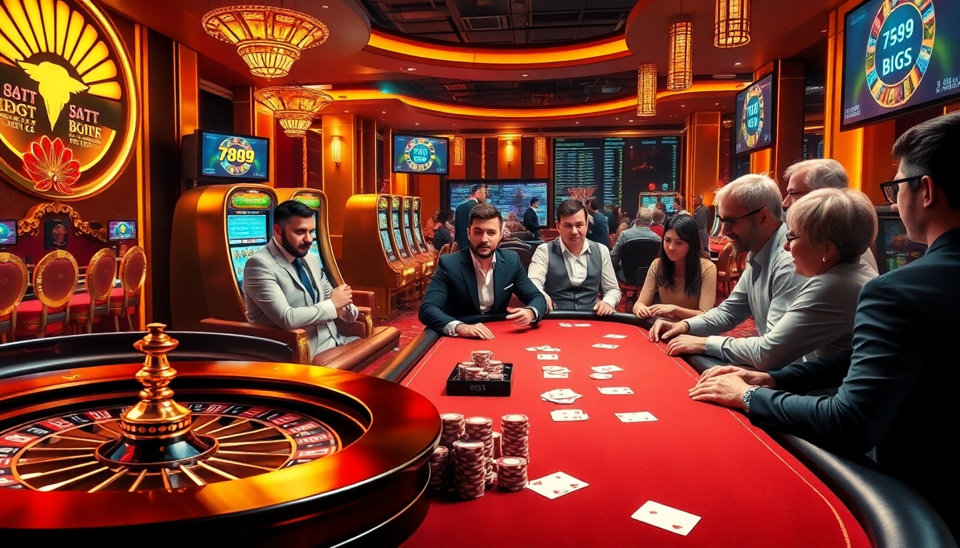 Players enjoying gaming excitement at 789p online casino, showcasing roulette, slots, and poker tables.