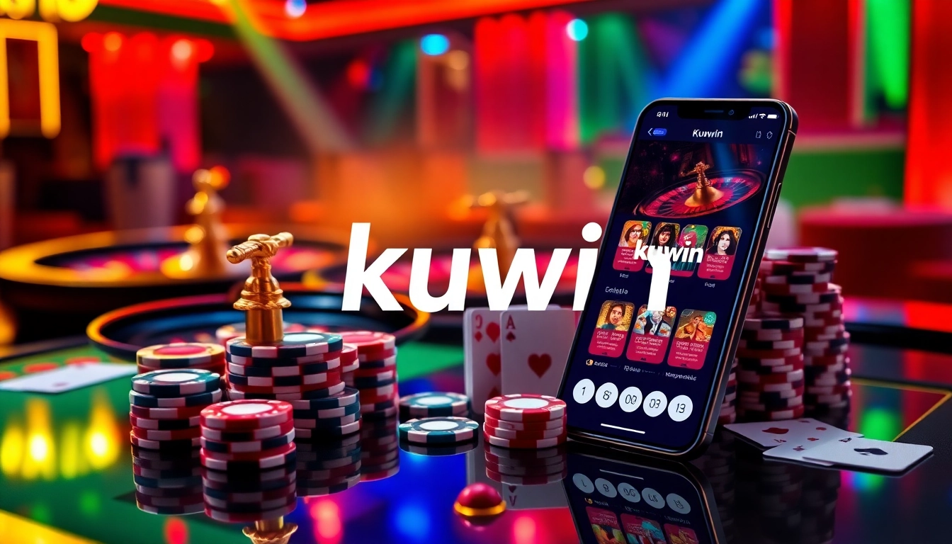 Kuwin online gambling scene featuring vibrant casino elements and a high-stakes atmosphere.