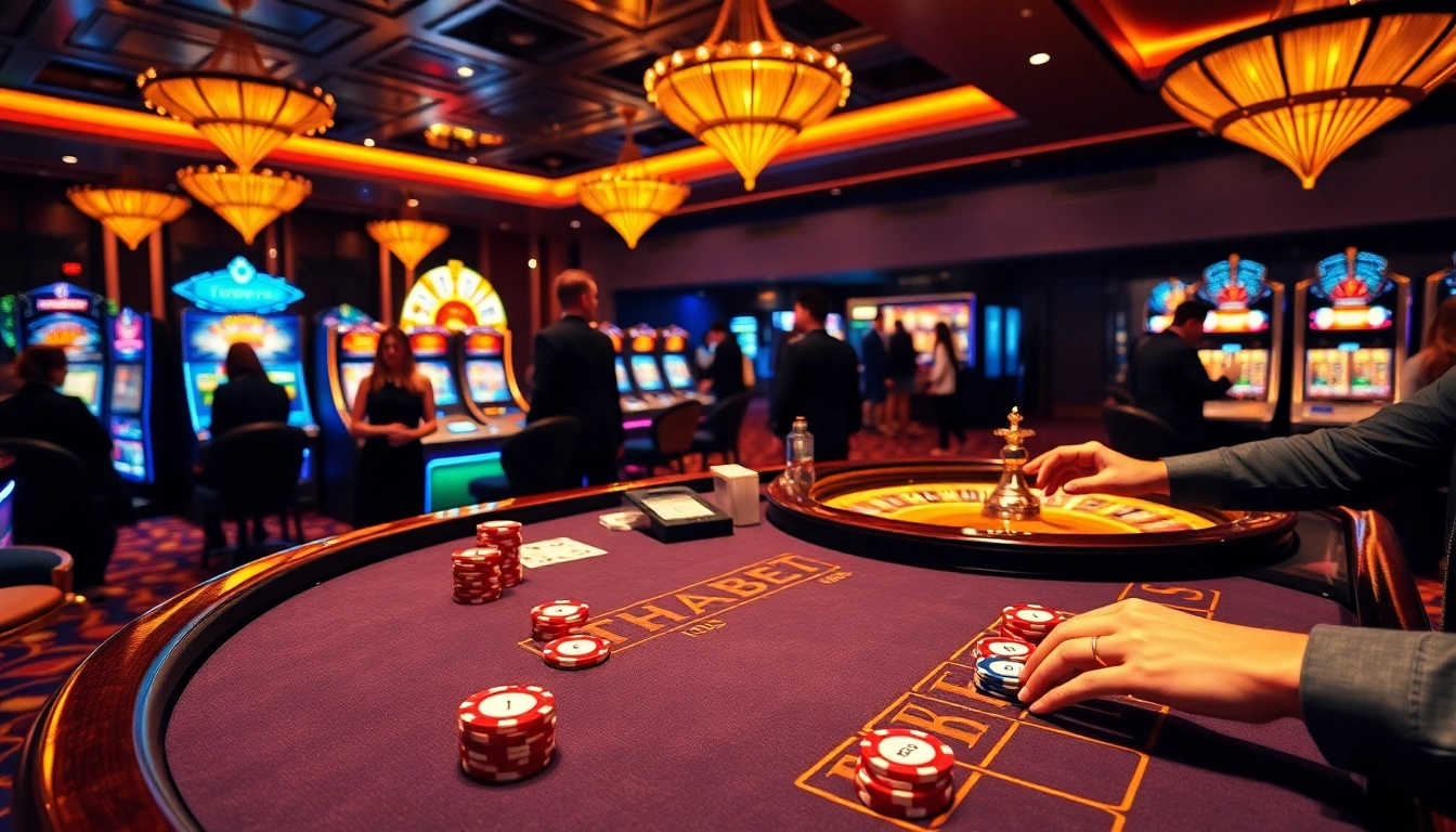 THABET casino table with colorful poker chips and engaging dealers creating an exciting atmosphere.