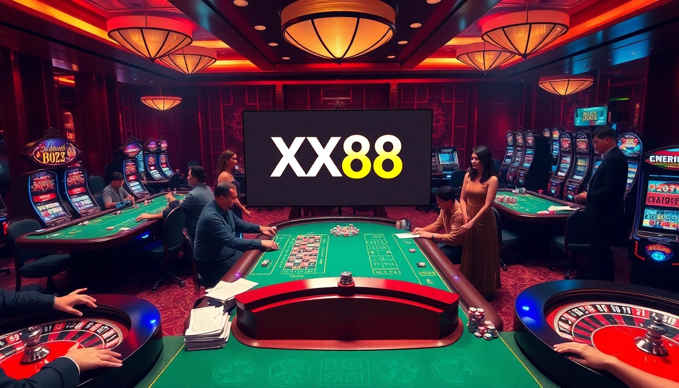Experience the excitement at XX88 with luxurious casino games featuring poker tables and slot machines.