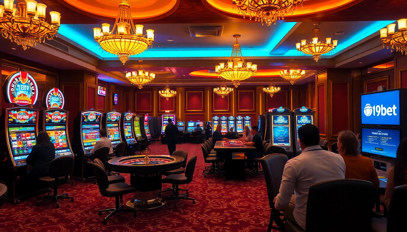 i9bet players enjoying a vibrant casino experience with slot machines and poker tables.