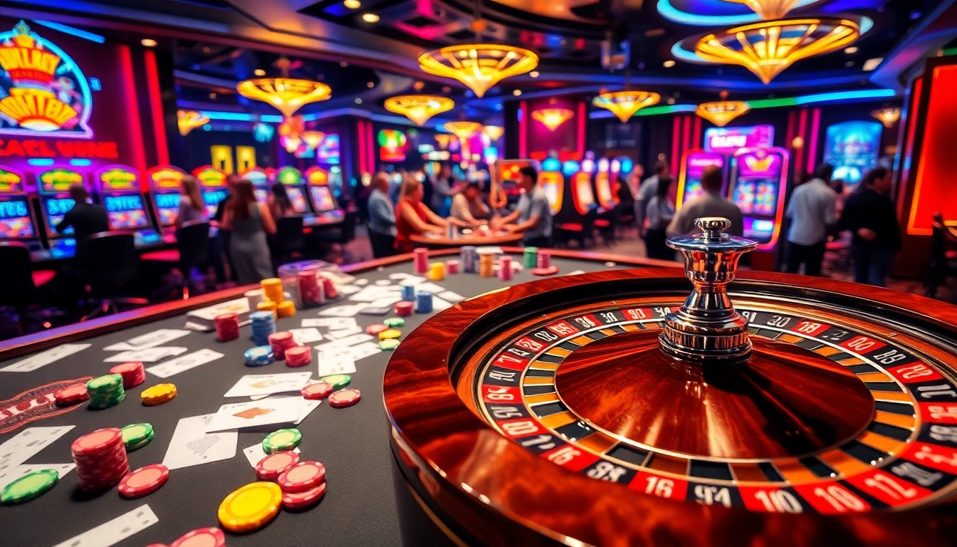 KQBĐ showcases thrilling casino excitement with roulette, poker chips, and lively players in a luxurious setting.