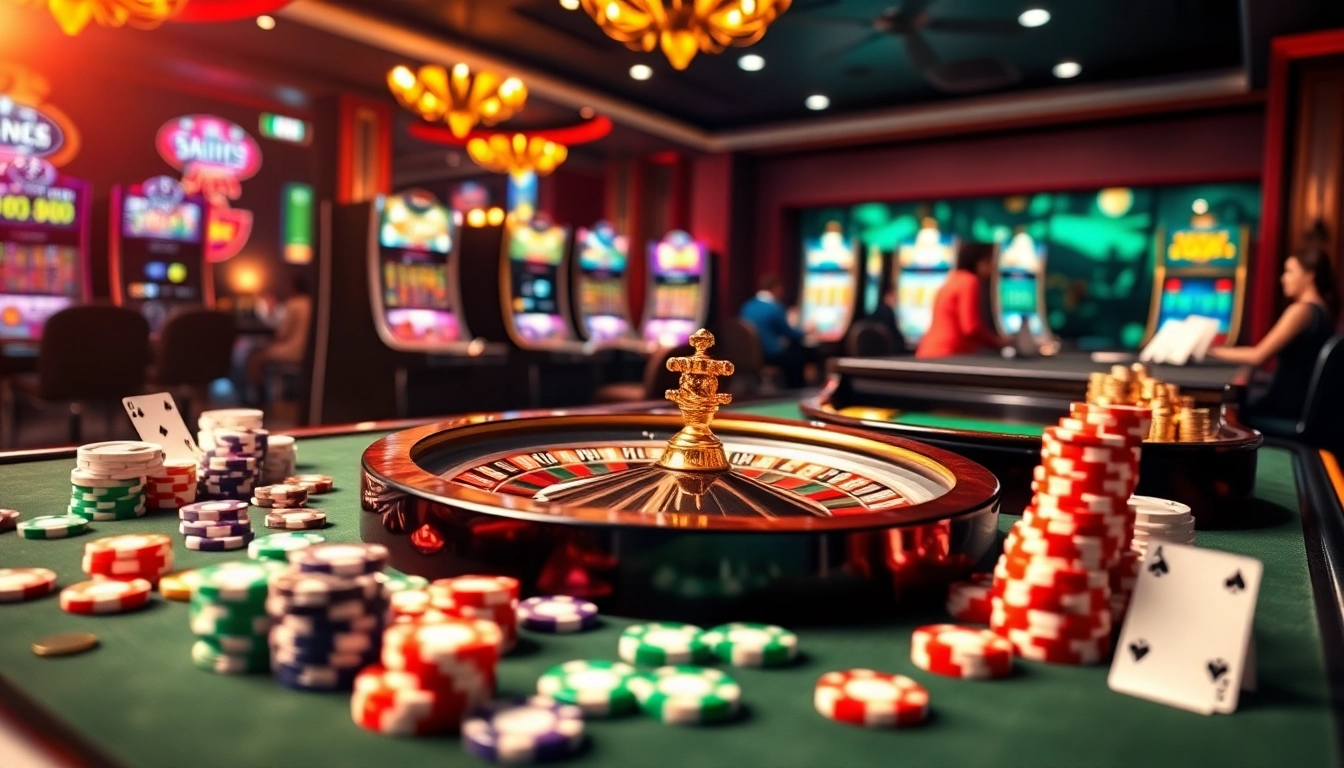 Experience thrilling gameplay at 23win06 with vibrant roulette and poker action in a luxurious casino setting.