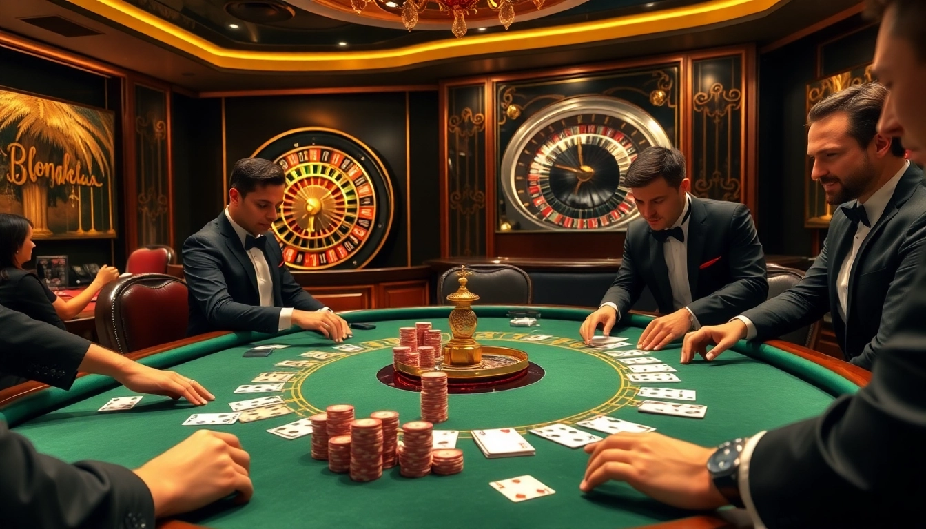 High-stakes poker action at a luxury casino courtesy of bl555, with vibrant poker chips and excited players.