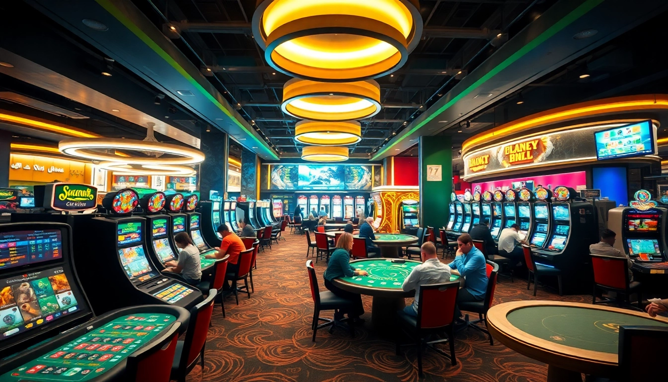 Exciting gaming scene at 77bet's modern casino, showcasing players enjoying diverse betting experiences.