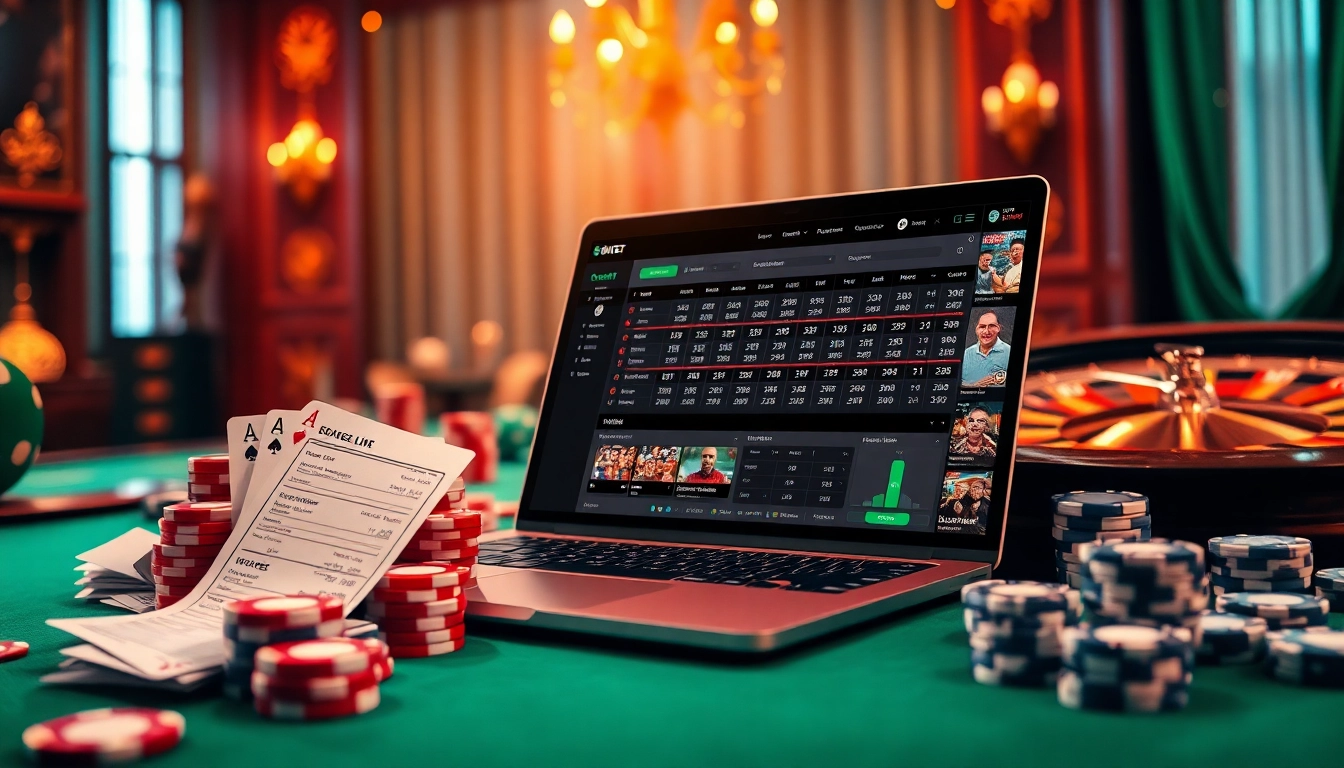 Engaging sbobet link alternatif interface with poker chips and betting slip illustrating online gambling excitement.