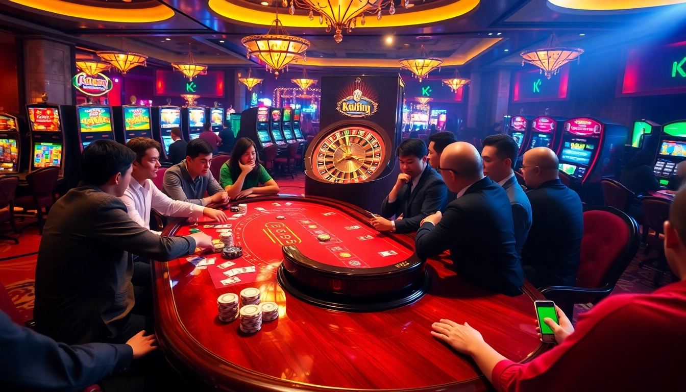 Kuwin players enjoy an exciting poker game at an opulent casino table with vibrant chips and cards.