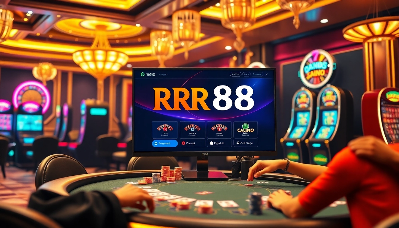 RR88 players engaging in an exciting poker game with colorful chips and cards at a vibrant casino.