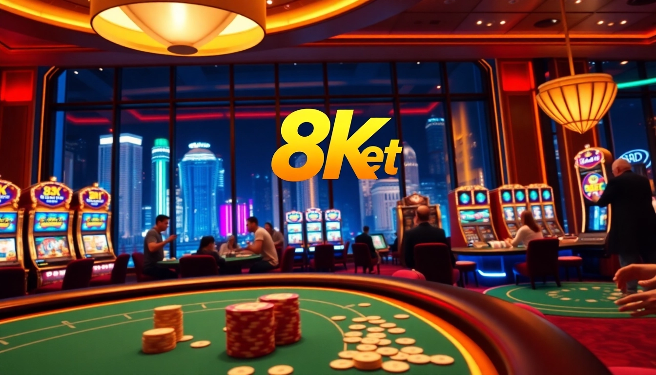 8kbet players enjoying thrilling games at luxurious casino tables, creating an exciting gambling atmosphere.