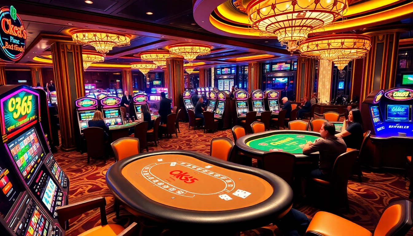The thrill of winning at ok365 with a luxurious casino scene showcasing poker and roulette tables.