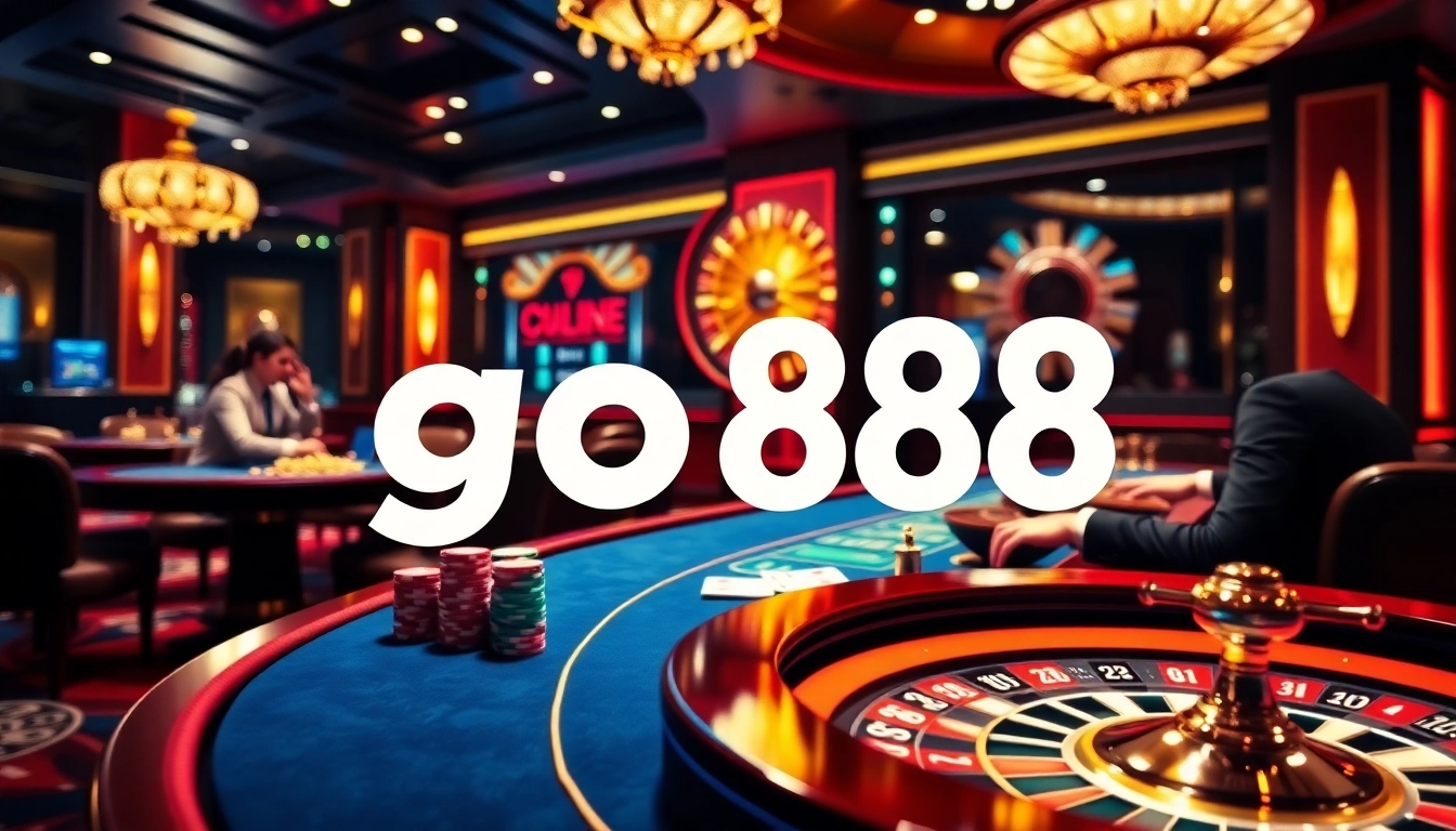 Experience the thrill of gambling at go88 with vibrant casino tables, cards, and players immersed in the excitement.