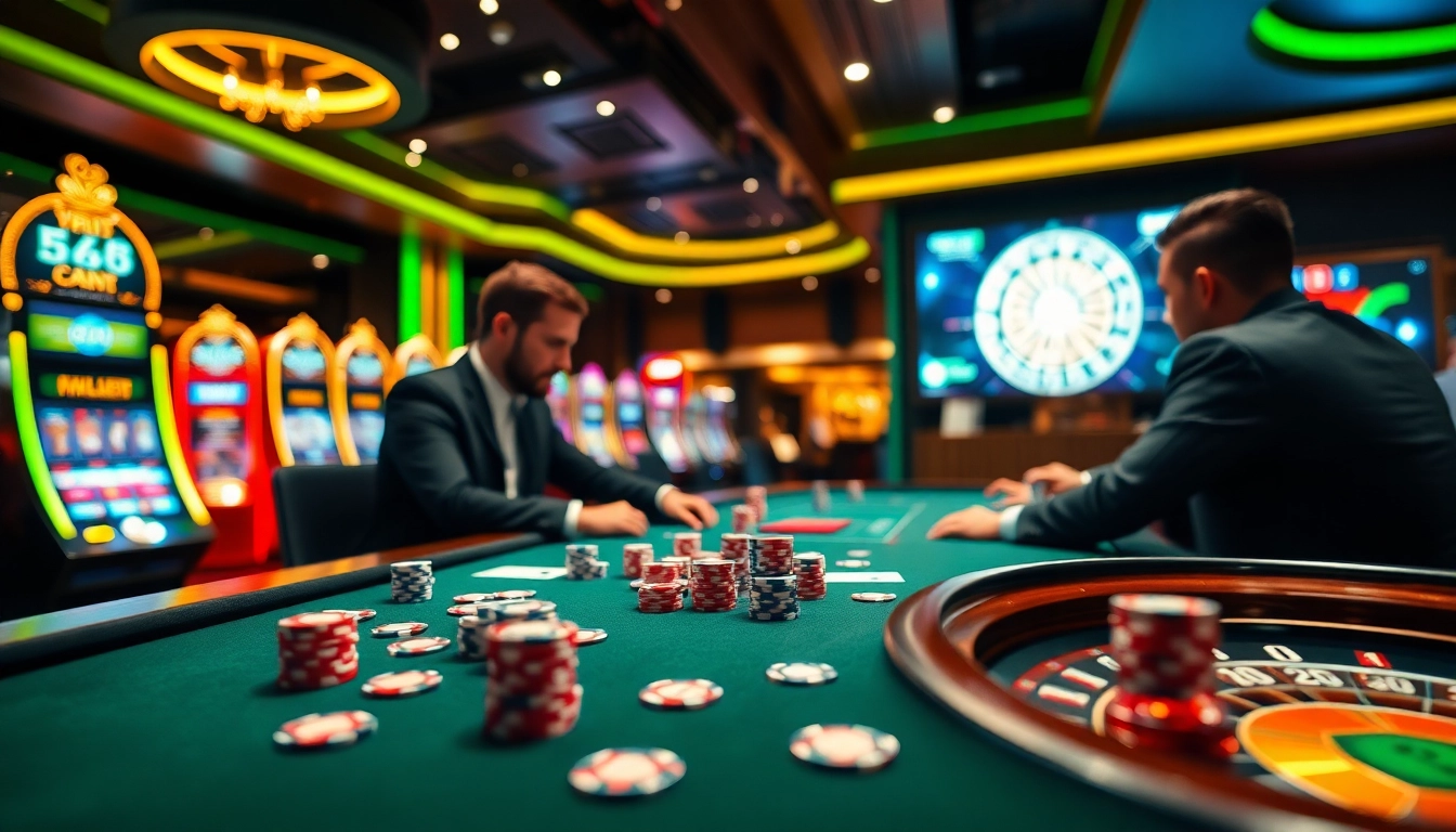 Professional poker play at F8BET casino table with vibrant slot machines in background.