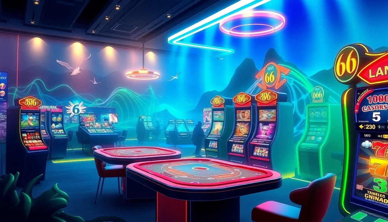 Explore 66club's vibrant online gaming interface featuring exciting poker tables and slot machines.