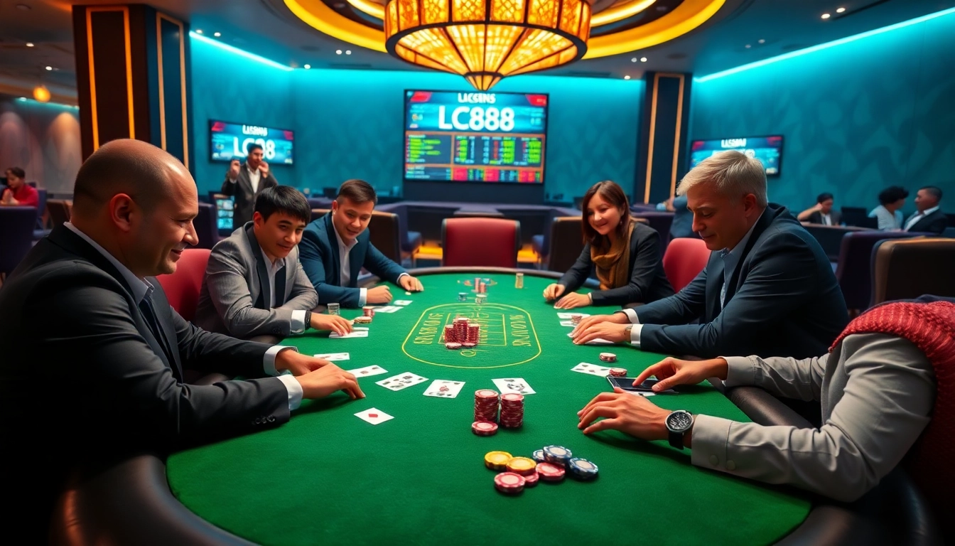 Players enjoying high-stakes poker at lc88 casino, with vibrant chips and cards.