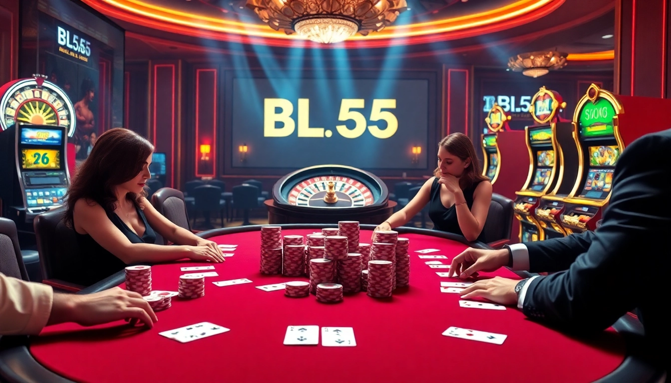 Engaging poker game at BL555 with vibrant casino atmosphere and professional players.