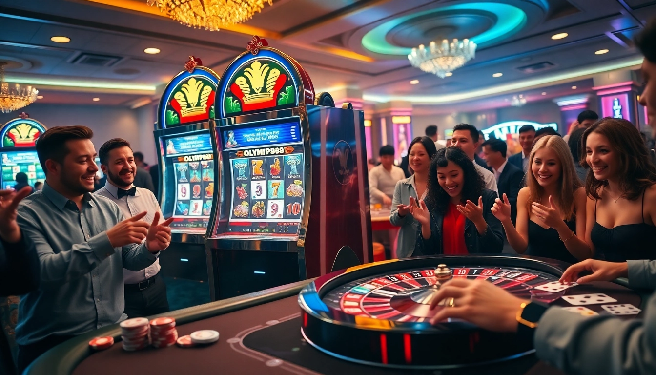 OLYMPUS88 slot machine excitement with vibrant casino setting and engaging players.