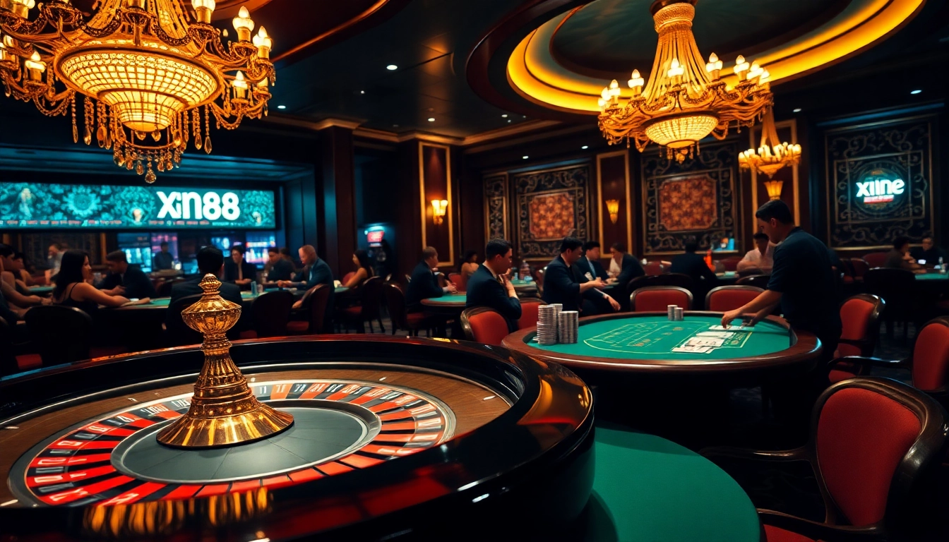 Experience the excitement at xin88 with gamblers playing poker and roulette in a luxurious casino.