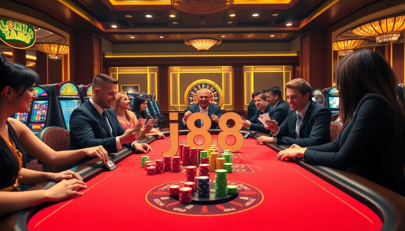 Experience the thrill of j88 poker action with vibrant casino tables and excited players.