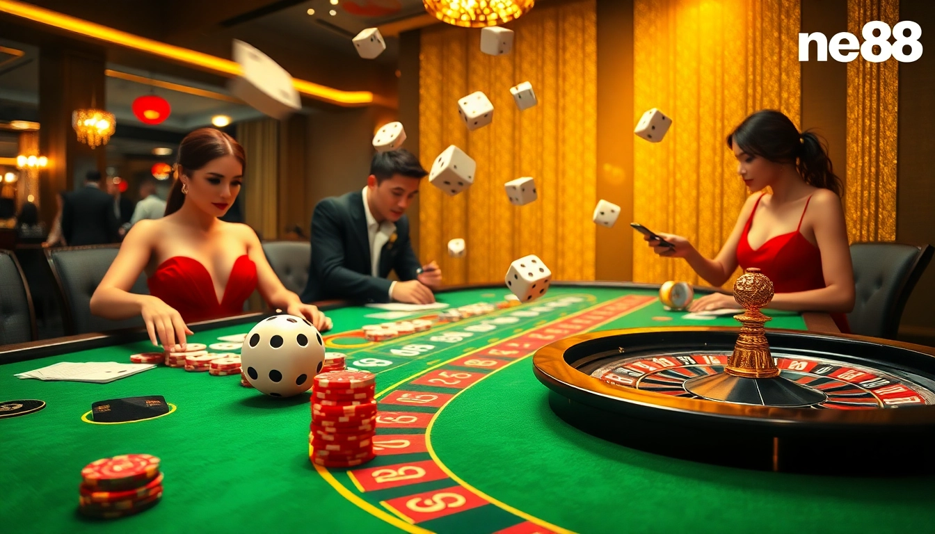 Experience the thrill of new88 with players enjoying diverse games at a vibrant casino table.