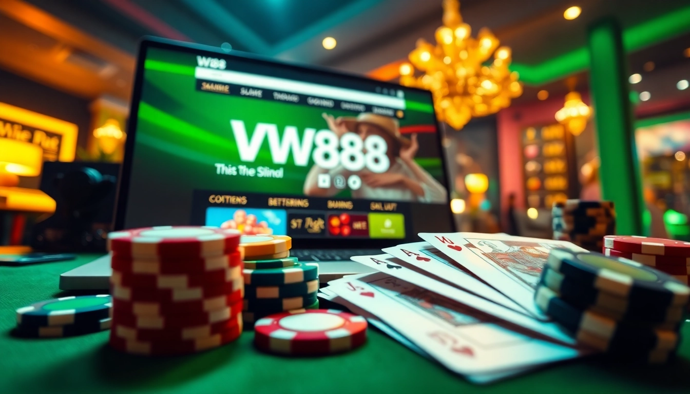 Experience vibrant online gaming at https://ww88.de.com/ with engaging visuals of cards, chips, and a dynamic website interface.