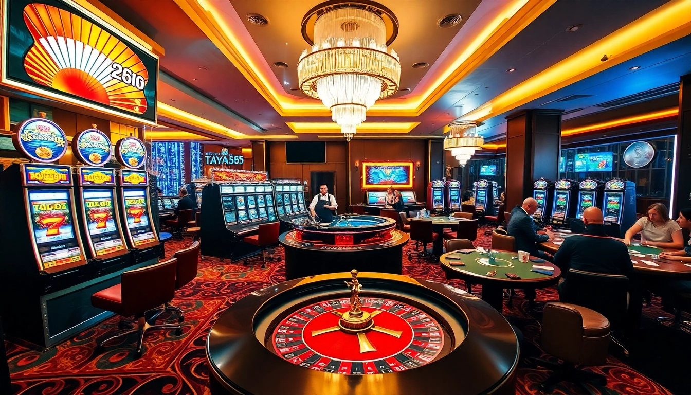 Experience thrilling gaming action at Taya365 PH casino with vibrant slots and roulette tables.