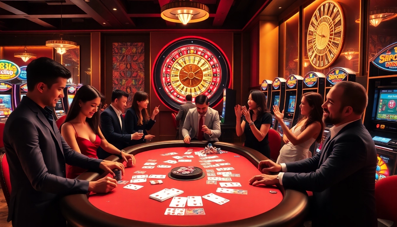 S8 club scene showcasing high-stakes poker, roulette, and buzz of excited gamblers.