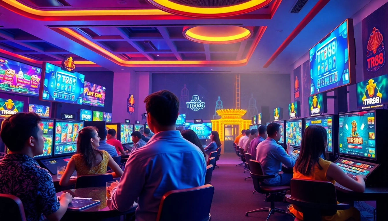 Dynamic gaming environment showcasing TR88 with diverse players engaged in online betting and casino games.