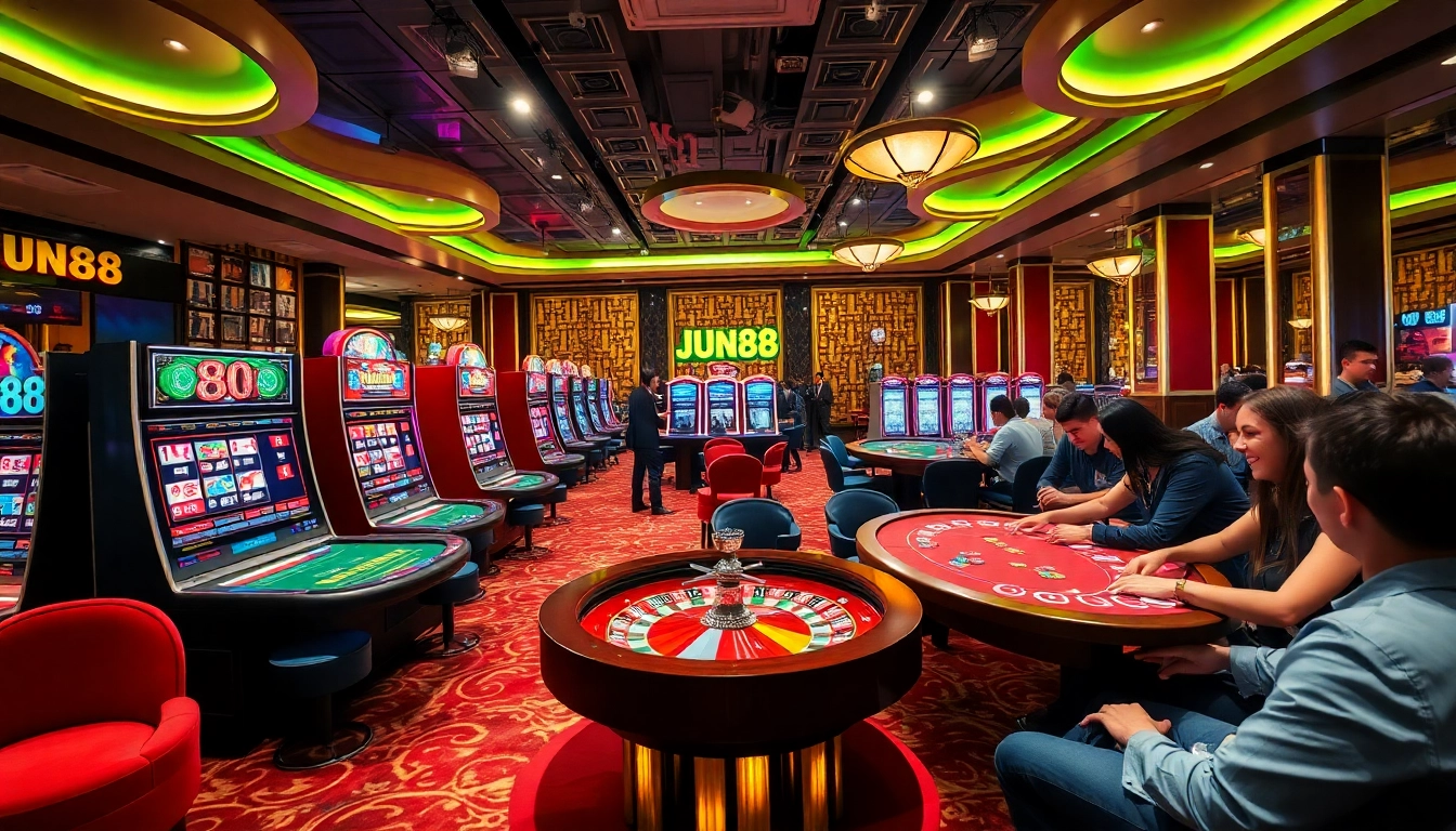 Experience the excitement of Jun88 casino gaming with vibrant tables and enthusiastic players.
