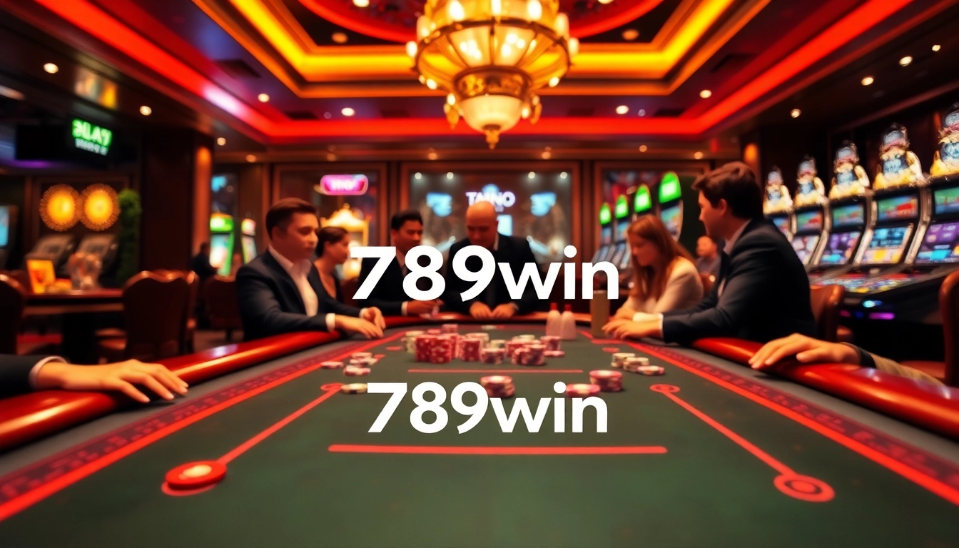 Exciting high-stakes poker game at 789win online casino with vibrant chips and slot machines.