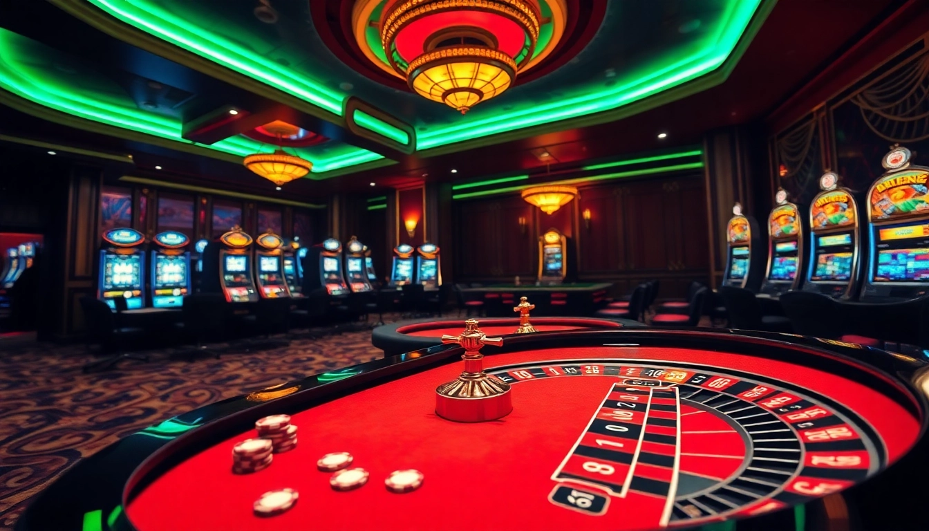 Experience thrilling casino excitement at 58win with vibrant slot machines and a poker setup.