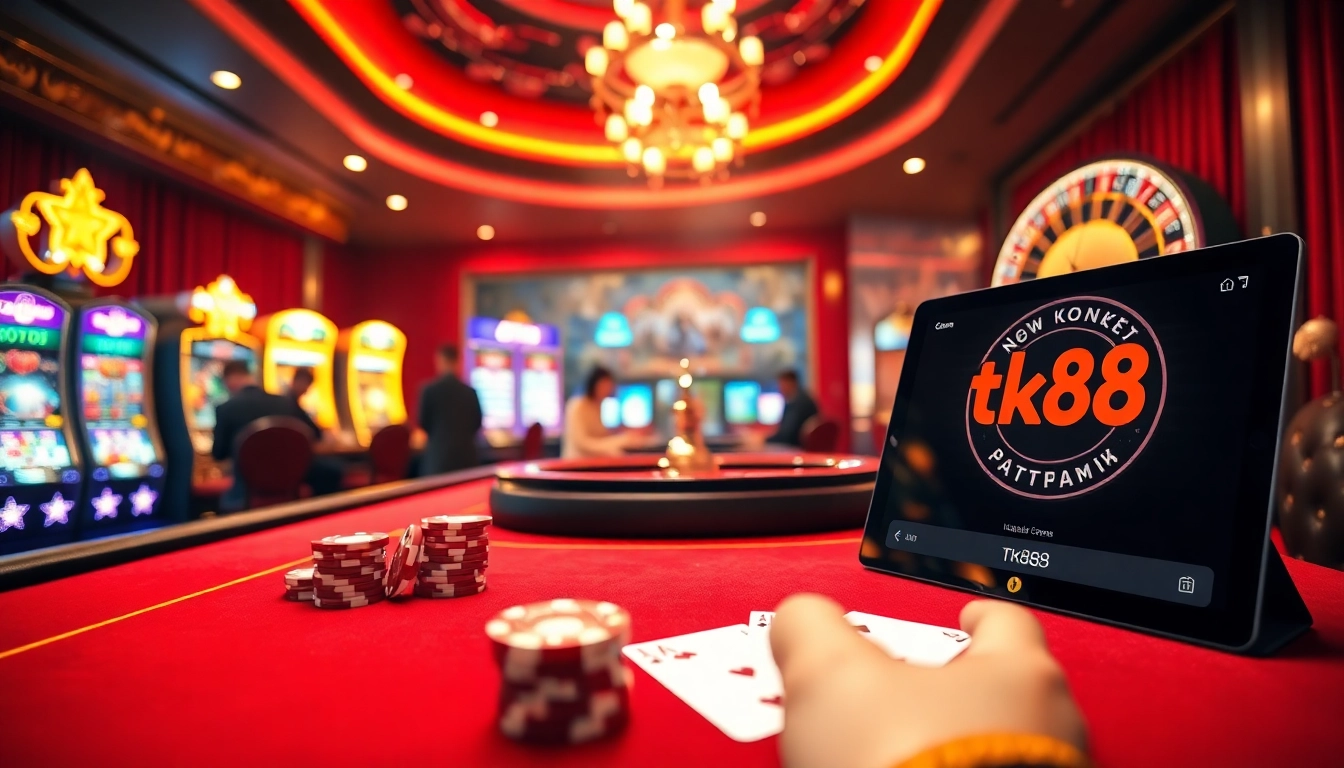 Experience the excitement of gambling at tk88 with vibrant casino elements and players at the poker table.