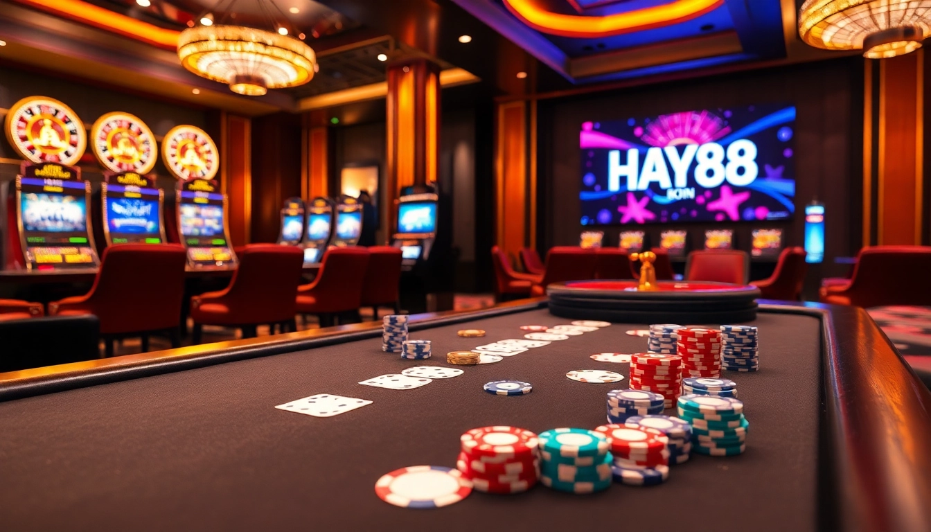 HAY88 players enjoy vibrant poker games at a luxurious casino table with colorful chips.