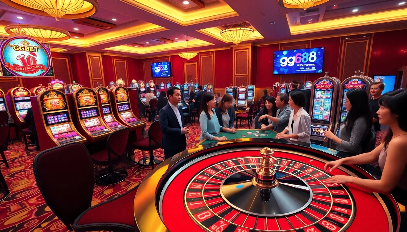 Experience exciting gambling with GG88 at a luxurious casino featuring roulette and slot machines.